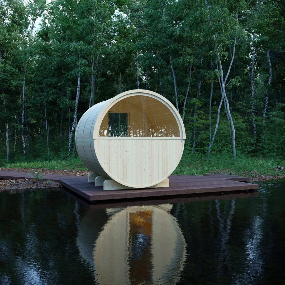 Helsinki 4-Person Finnish Barrel Sauna with Terrace + WiFi Heater