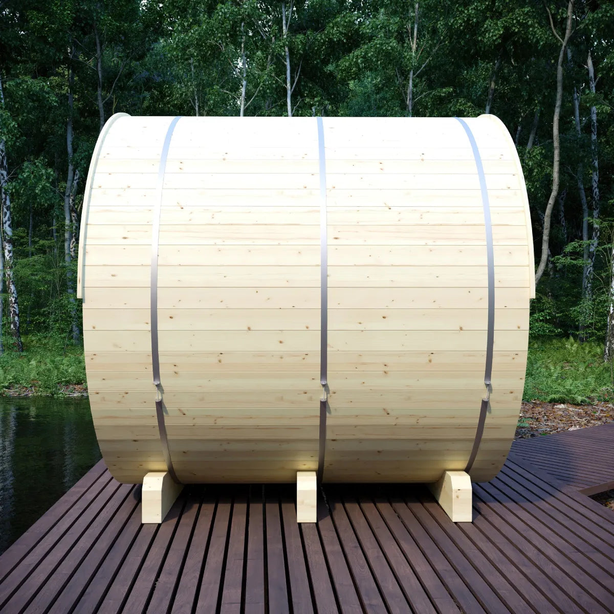 Helsinki 4-Person Finnish Barrel Sauna with Terrace + WiFi Heater