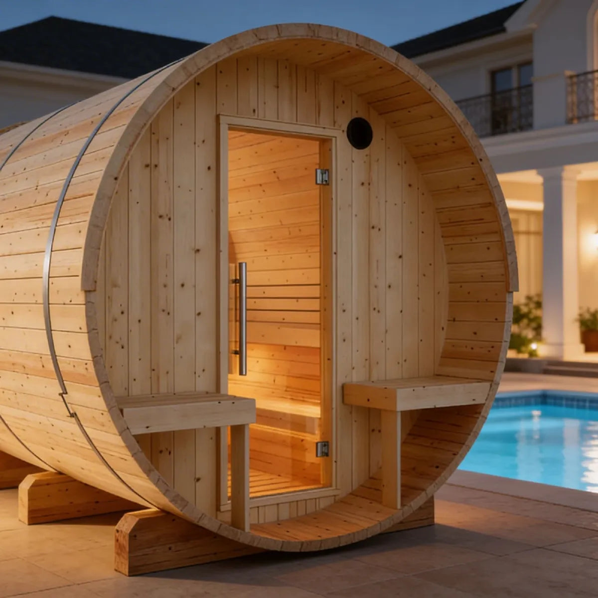 Helsinki 4-Person Finnish Barrel Sauna with Terrace + WiFi Heater
