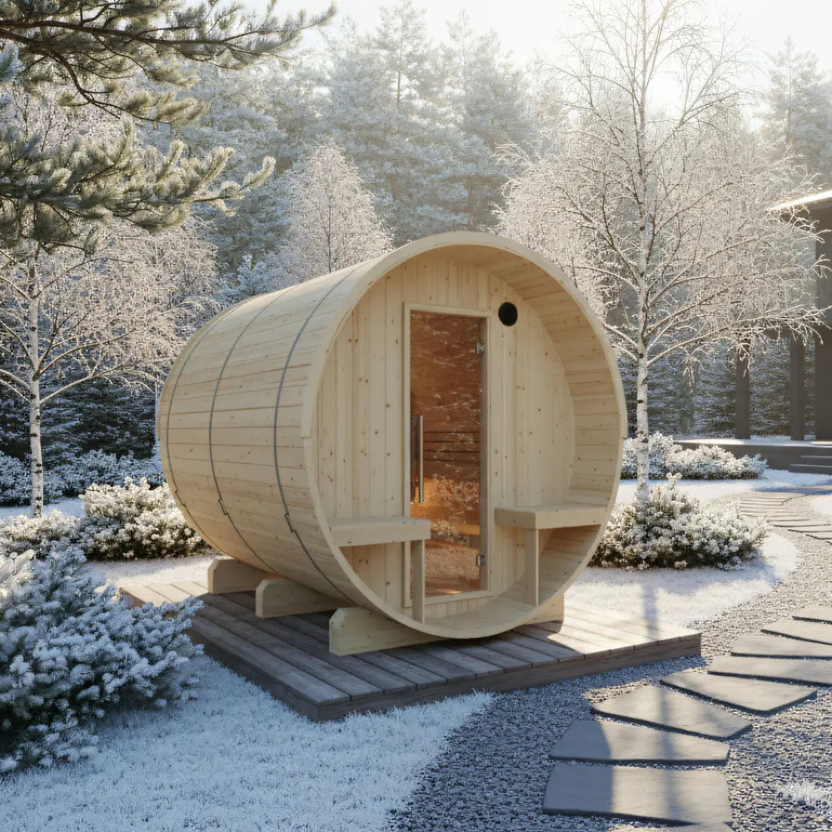 Turku 6-Person Finnish Barrel Sauna with Terrace + WiFi Heater