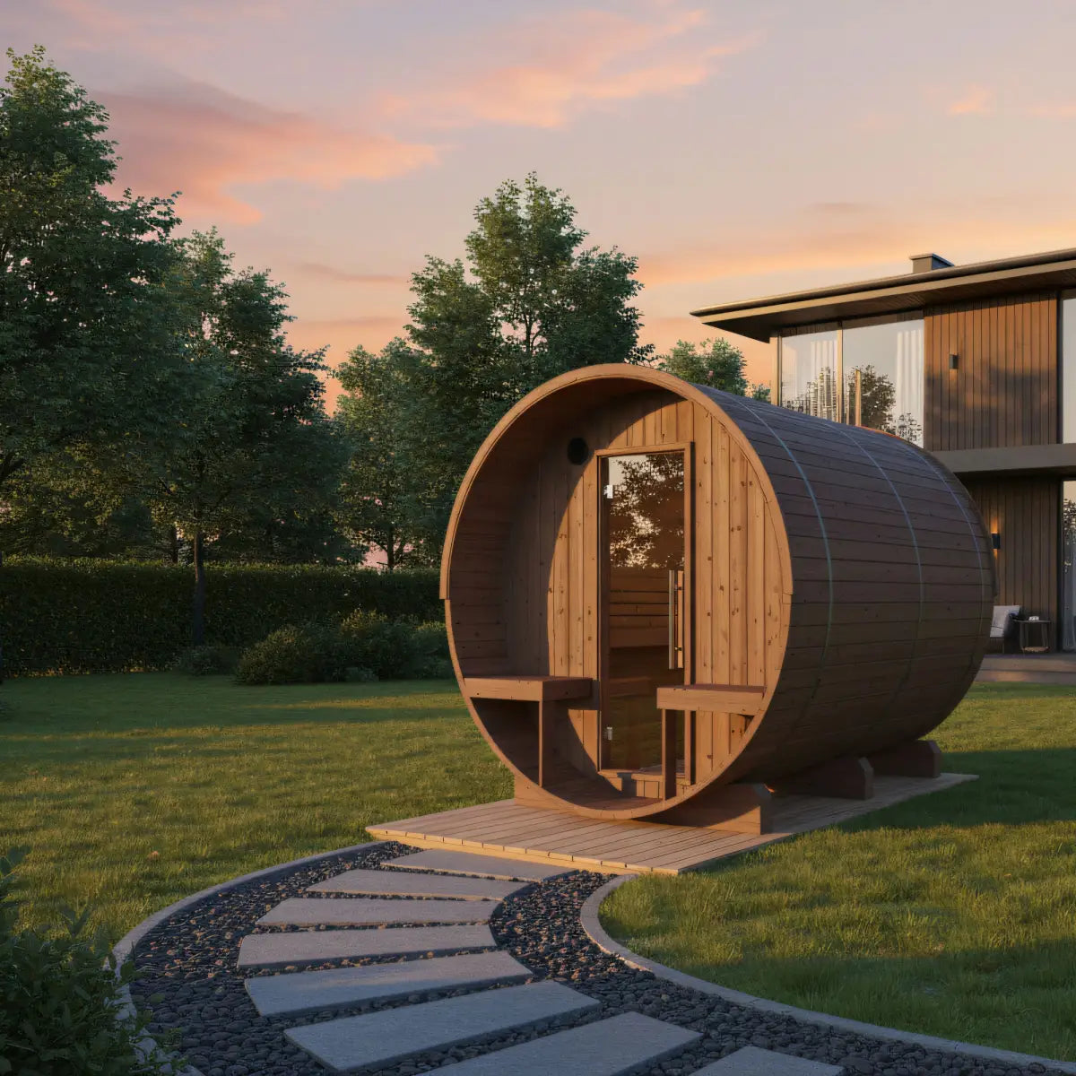 Turku 6-Person Finnish Barrel Sauna with Terrace + WiFi Heater