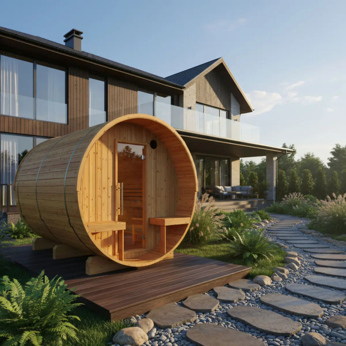 Turku 6-Person Finnish Barrel Sauna with Terrace + WiFi Heater