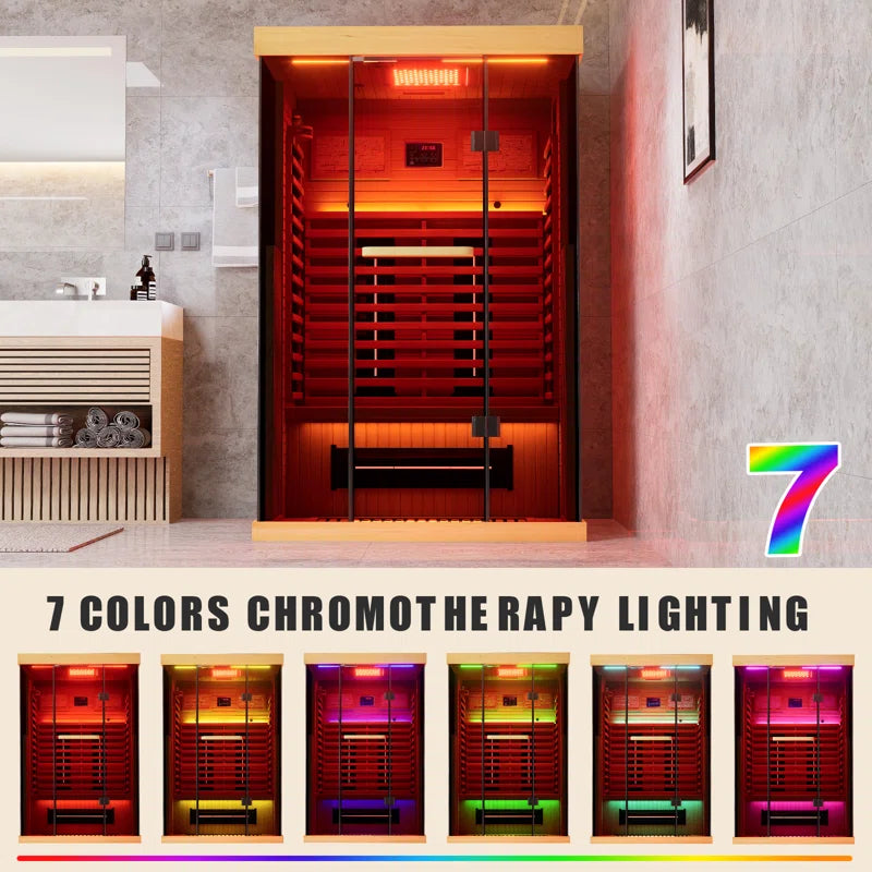 Full Spectrum Infrared Sauna，1-2 Person Home Sauna，Wooden Canadian Hemlock Indoor Spa Sauna with Resonance Speaker, Panoramic Tempered Glass Door