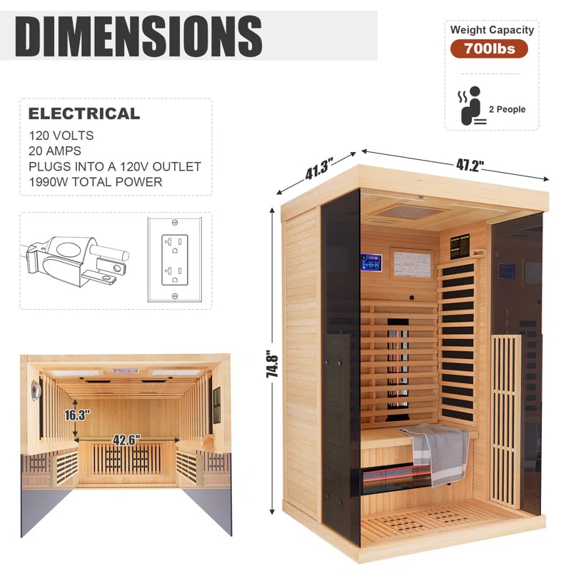 Full Spectrum Infrared Sauna，1-2 Person Home Sauna，Wooden Canadian Hemlock Indoor Spa Sauna with Resonance Speaker, Panoramic Tempered Glass Door