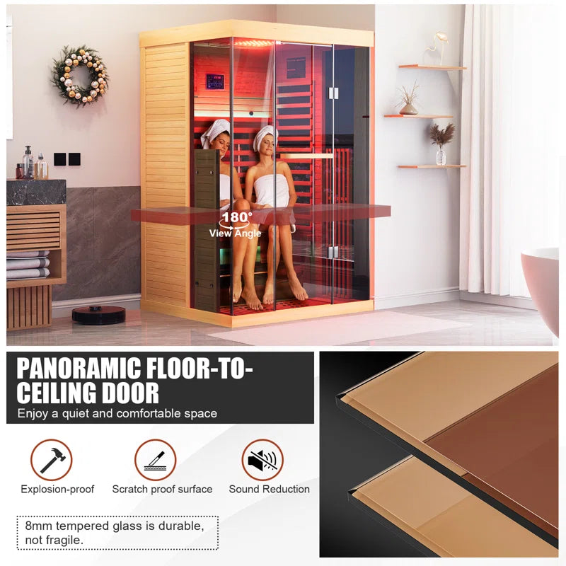 Full Spectrum Infrared Sauna，1-2 Person Home Sauna，Wooden Canadian Hemlock Indoor Spa Sauna with Resonance Speaker, Panoramic Tempered Glass Door