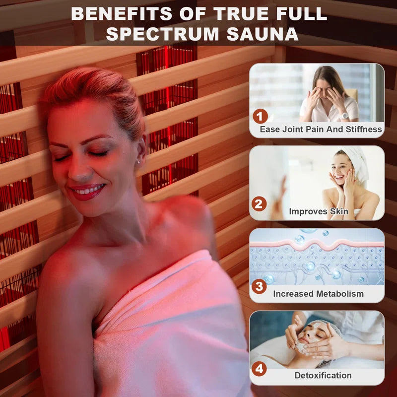 Full Spectrum Infrared Sauna，1-2 Person Home Sauna，Wooden Canadian Hemlock Indoor Spa Sauna with Resonance Speaker, Panoramic Tempered Glass Door