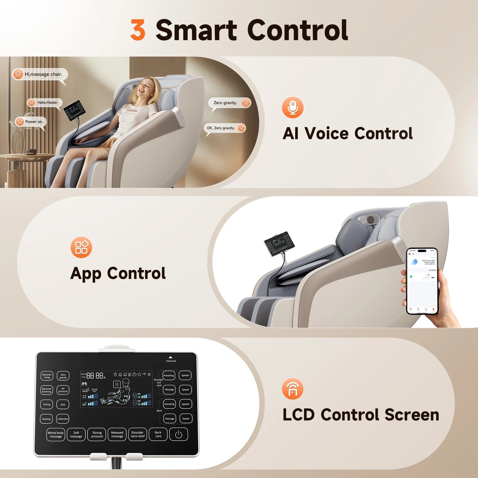 4D Massage Chair Full Body, Zero Gravity Massage Chair with Heat and Foot Massage with Airbags, Kneading, Bluetooth, LCD Touch Control - Beige