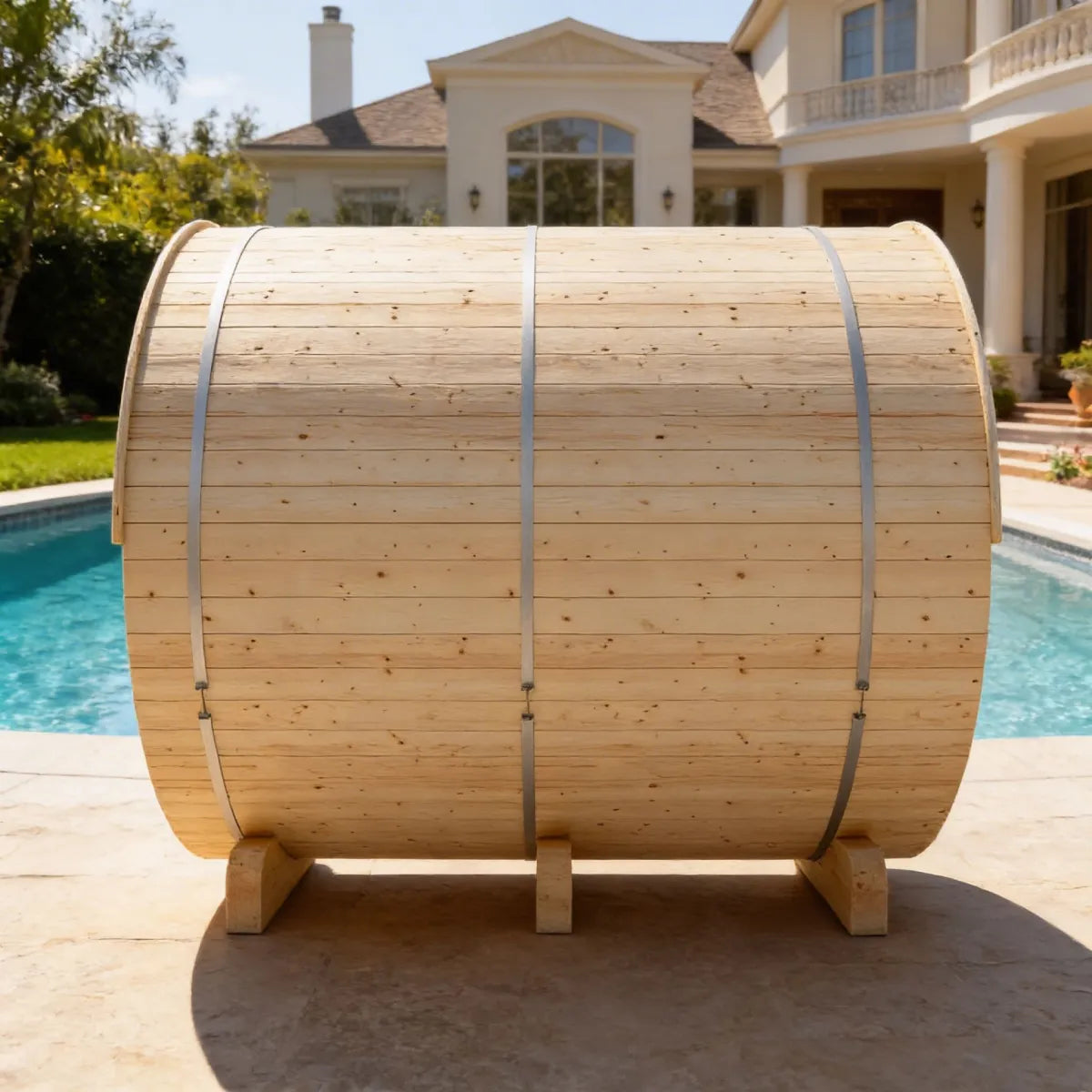Helsinki 4-Person Finnish Barrel Sauna with Terrace + WiFi Heater