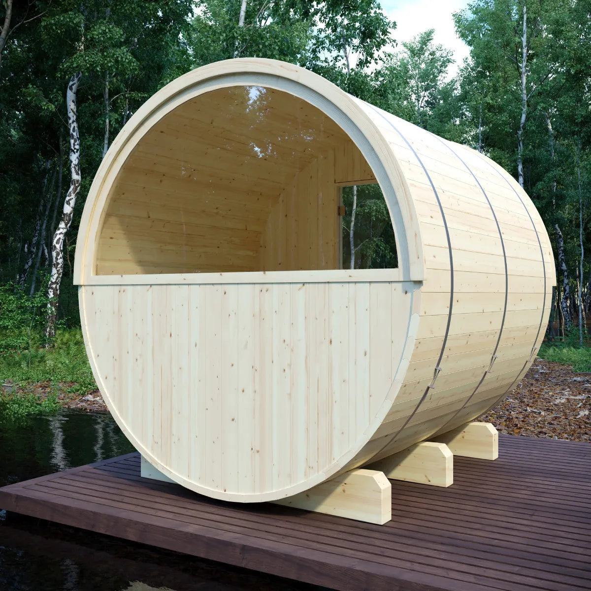 Helsinki 4-Person Finnish Barrel Sauna with Terrace + WiFi Heater