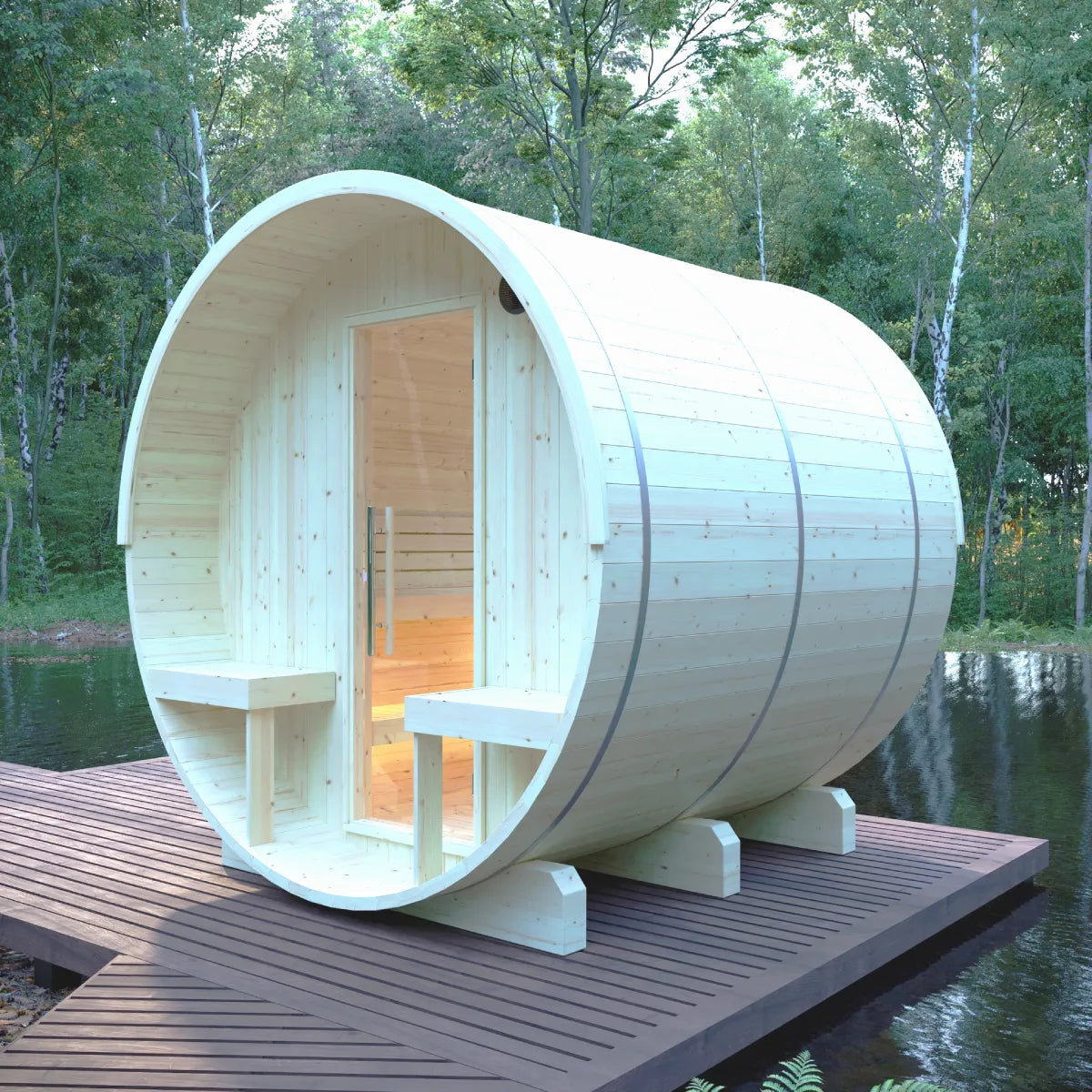 Helsinki 4-Person Finnish Barrel Sauna with Terrace + WiFi Heater
