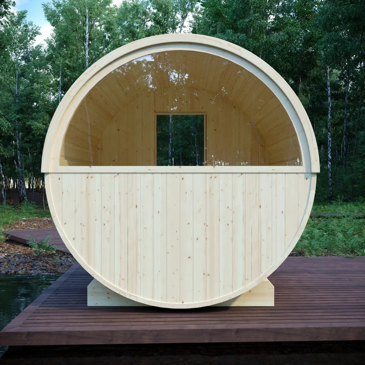 Helsinki 4-Person Finnish Barrel Sauna with Terrace + WiFi Heater