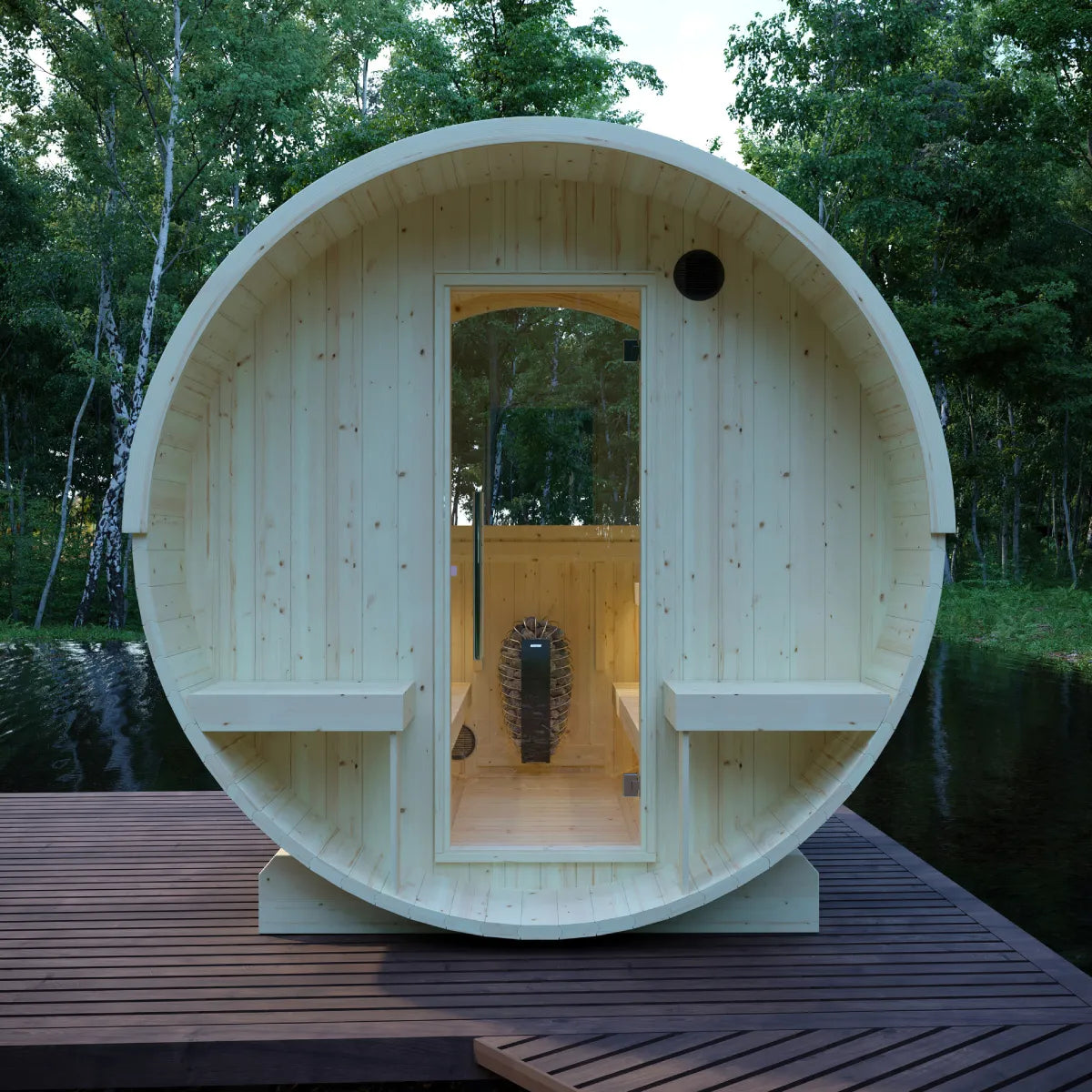 Helsinki 4-Person Finnish Barrel Sauna with Terrace + WiFi Heater