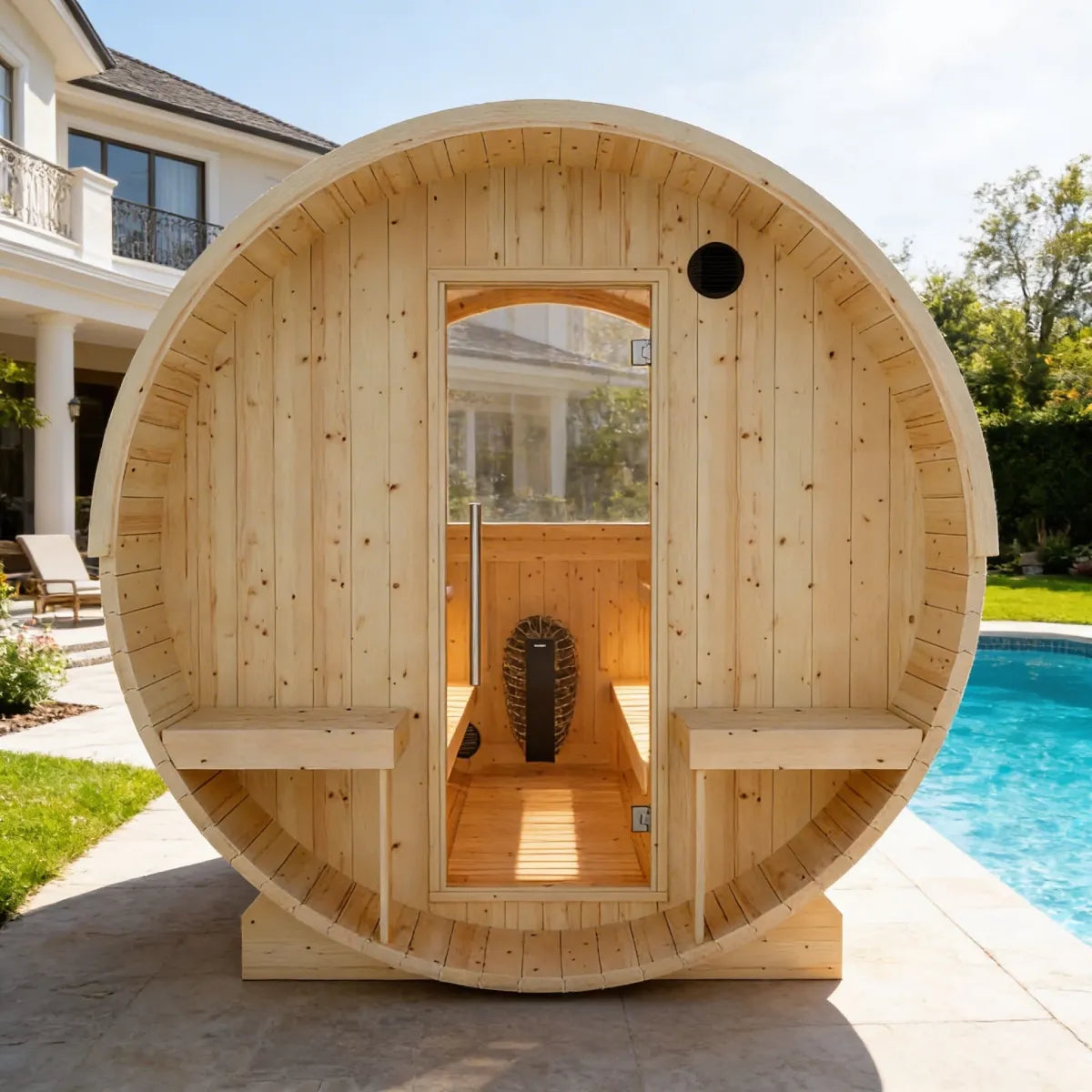 Helsinki 4-Person Finnish Barrel Sauna with Terrace + WiFi Heater
