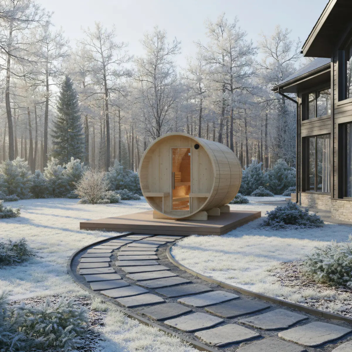 Turku 6-Person Finnish Barrel Sauna with Terrace + WiFi Heater