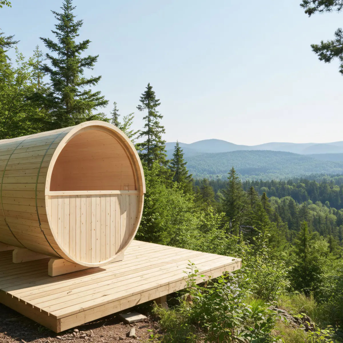 Turku 6-Person Finnish Barrel Sauna with Terrace + WiFi Heater