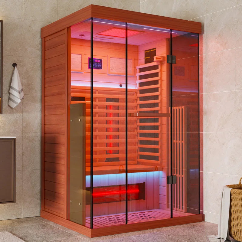 Full Spectrum Infrared Sauna，1-2 Person Home Sauna，Wooden Canadian Hemlock Indoor Spa Sauna with Resonance Speaker, Panoramic Tempered Glass Door