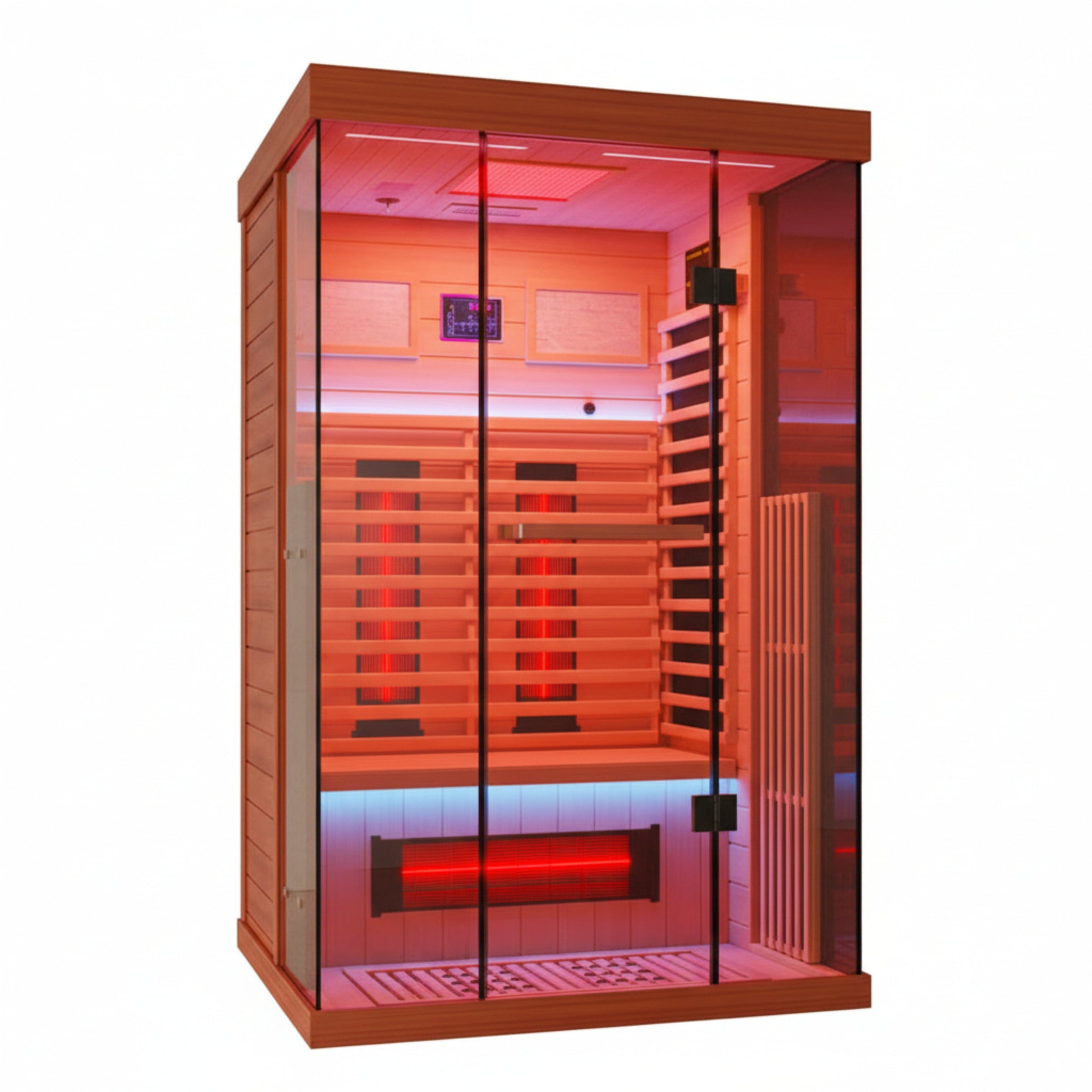 Full Spectrum Infrared Sauna，1-2 Person Home Sauna，Wooden Canadian Hemlock Indoor Spa Sauna with Resonance Speaker, Panoramic Tempered Glass Door